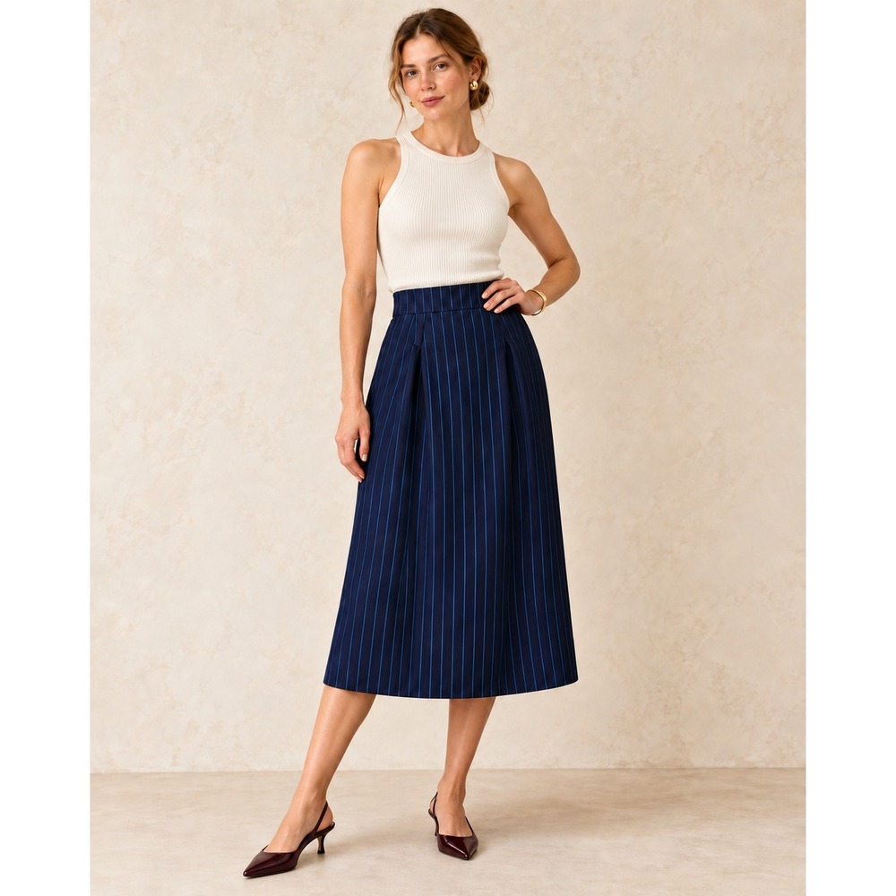Escada Margaretha Ley Vintage Navy Pinstripe Wool Maxi Skirt West Germany Sz 34